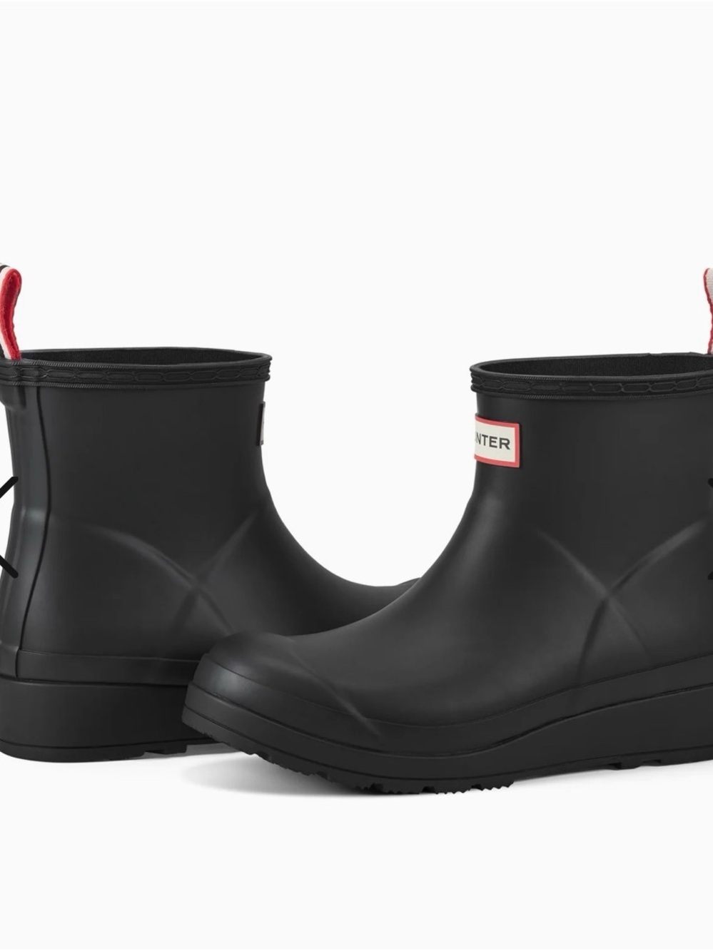 Hunter Black Short Waterproof Rain Ankle Boots with Red Pull Tabs